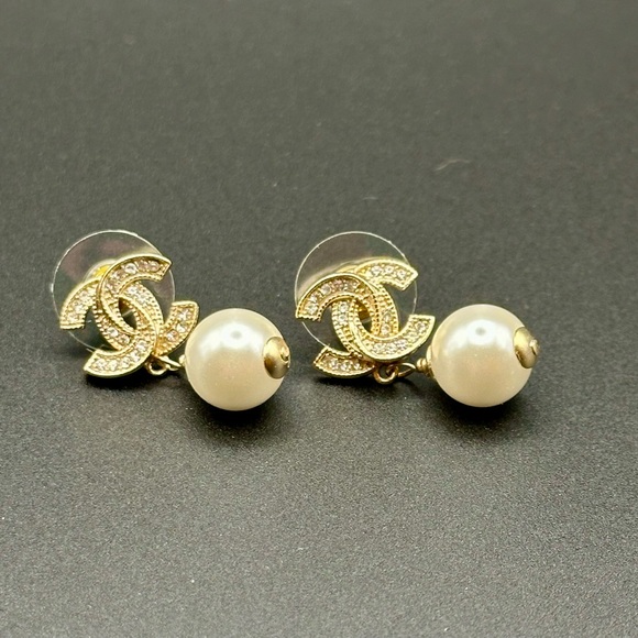 CHANEL | Jewelry | Chanel Crystal Cc Pearl Drop Earrings | Poshmark